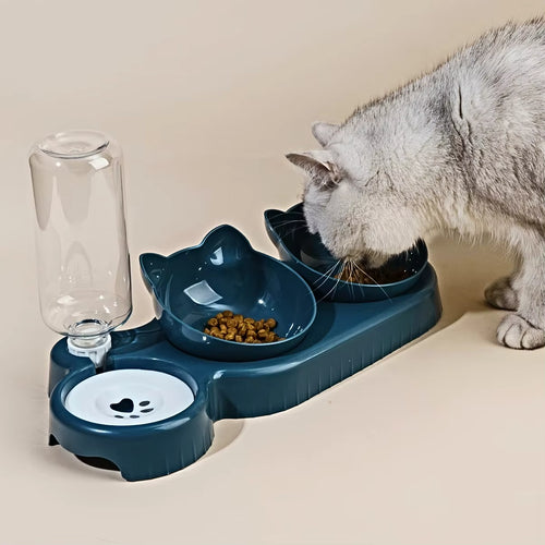 3-in-1 Pet Bowl Set – Tilted Cat Food & Gravity Water Feeder