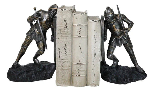 Dueling Medieval Crusader Knights W/ Coat Of Arms Heraldry Shields Bookends Set