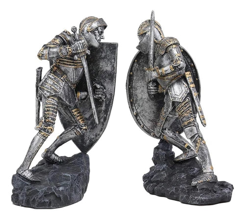 Dueling Medieval Crusader Knights W/ Coat Of Arms Heraldry Shields Bookends Set