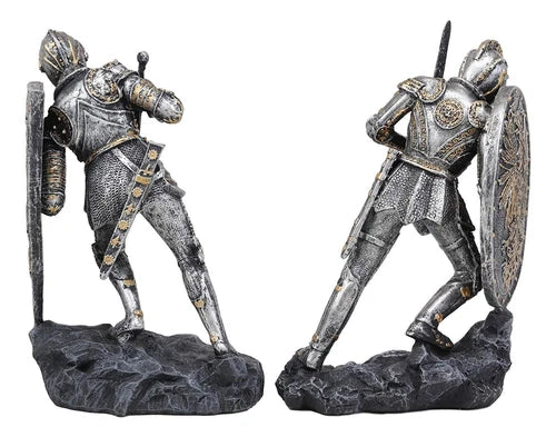 Dueling Medieval Crusader Knights W/ Coat Of Arms Heraldry Shields Bookends Set