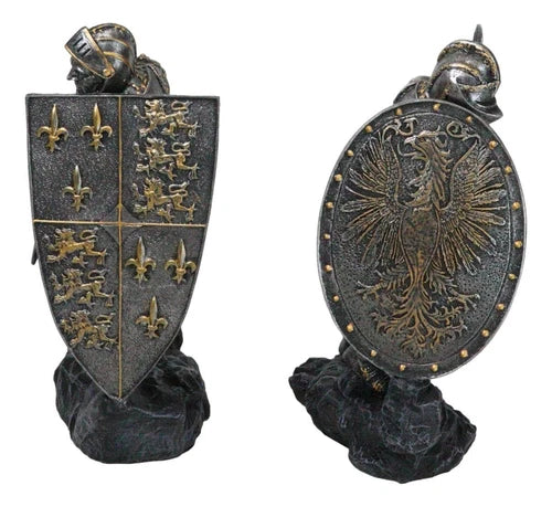 Dueling Medieval Crusader Knights W/ Coat Of Arms Heraldry Shields Bookends Set
