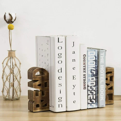 Rustic Burnt Brown Wood Tabletop " Read & Pray " Decorative Bookends, Set of 2