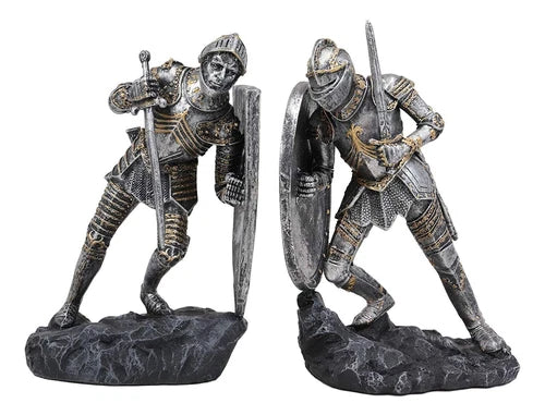 Dueling Medieval Crusader Knights W/ Coat Of Arms Heraldry Shields Bookends Set